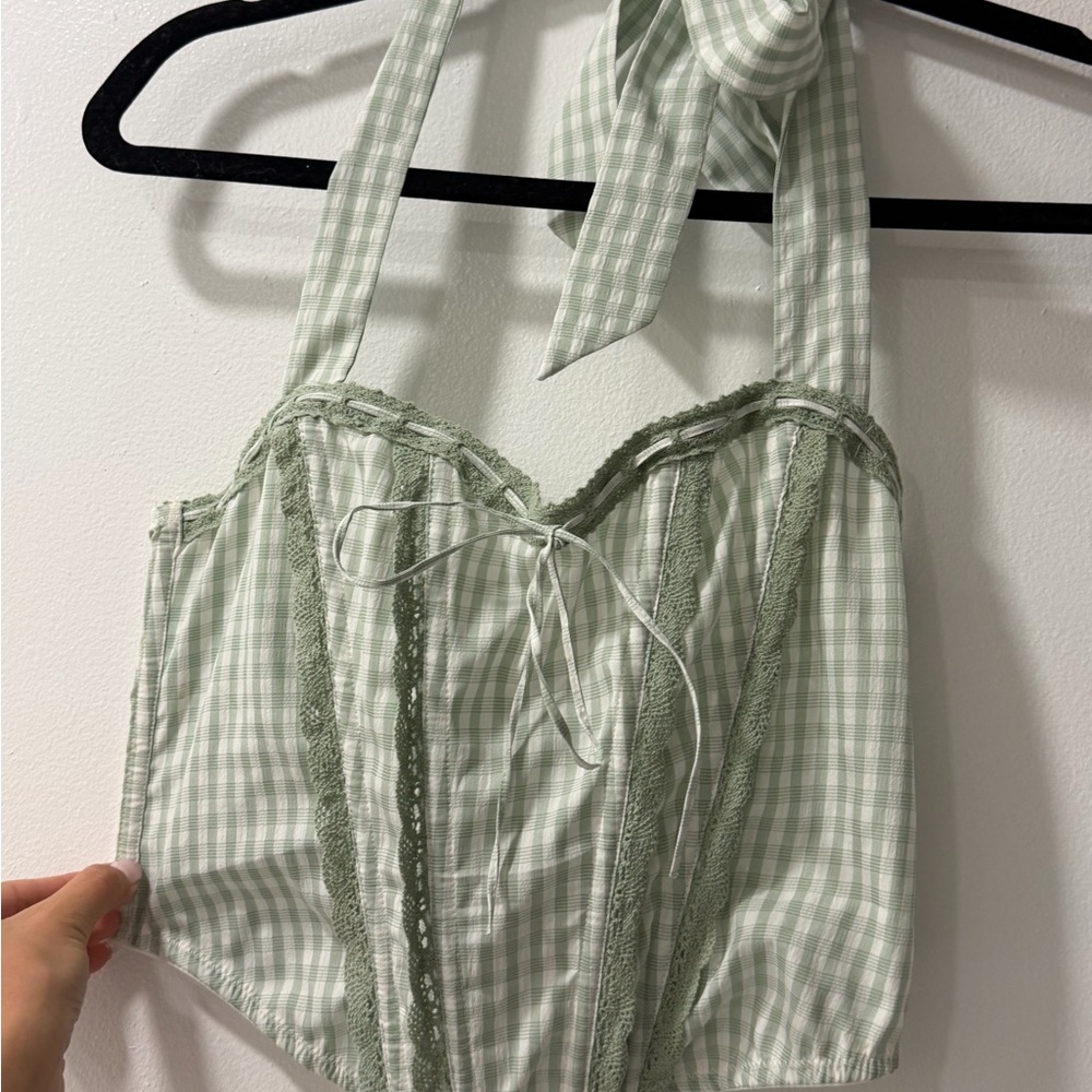 Urban Outfitters Light Green Gingham Halter Top
